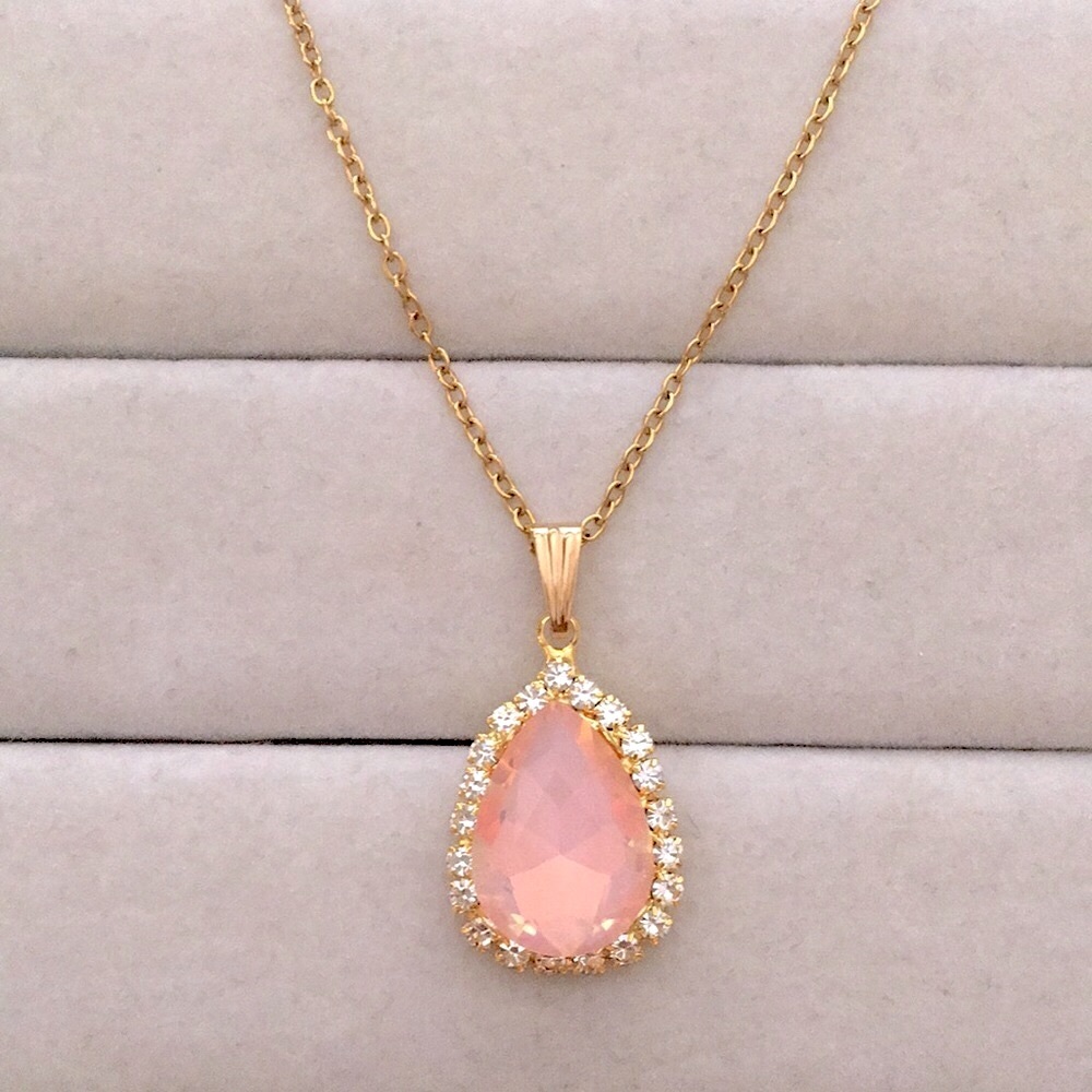 Peach Pink Opal Aurora Borealis + Gold Crystal Halo Pear Drop Pendant Necklace - Picture 5 of 6